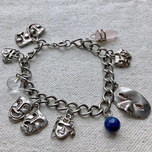 90s Sterling Silver CHARM Bracelet with Drama Masks, Quartz & Lapis